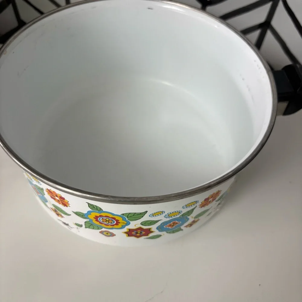 Retro Enamel Medium Saucepan Pot Floral Pattern Mid Century Kitchenware Decor - Picture 2 of 6